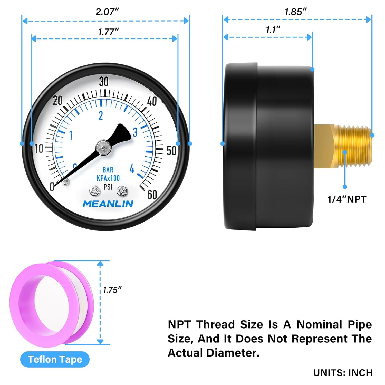 MEANLIN MEASURE 0-60Psi Well Pump Pressure Gauge 1/4" NPT 2" FACE DIAL for Pool Filter Pump Water Oil Air Compressor Tire Pressure Tester Back Mount, with Teflon Tape