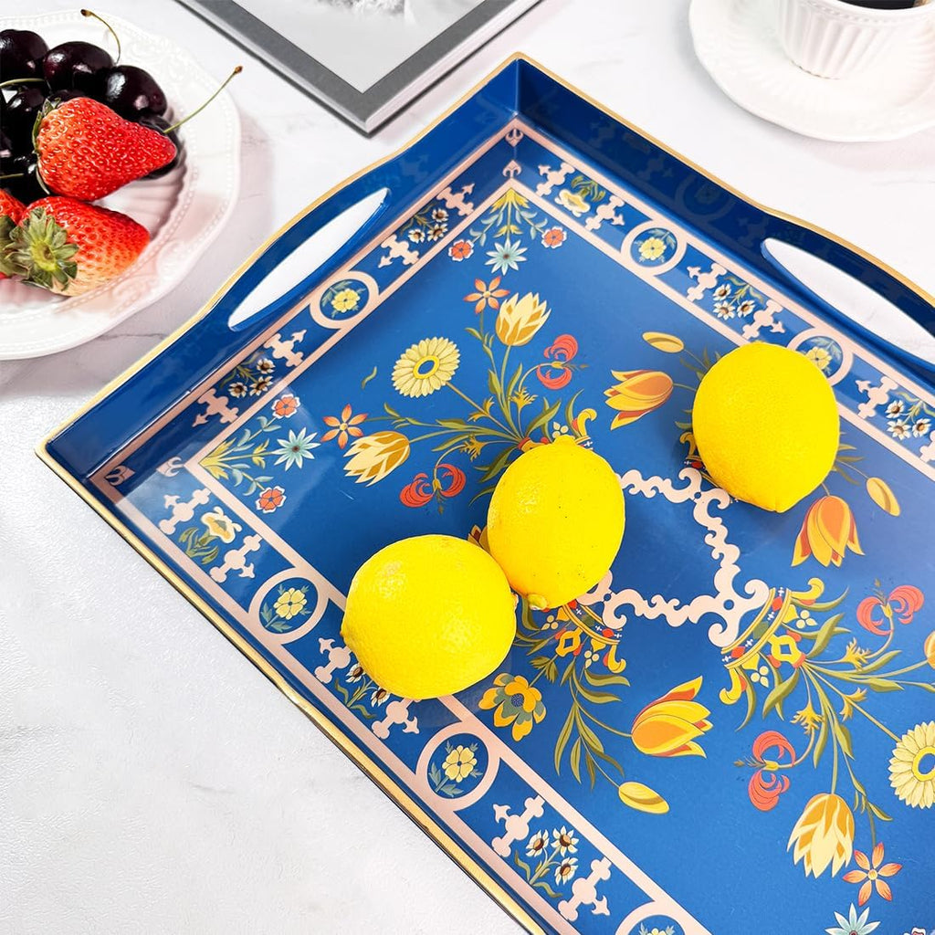 Boho Blue Decorative Tray, Serving Tray with 4 Handles, Plastic Tray for Coffee Table, Ottoman - Ideal for Living Room & Bathroom. 15” x 11” x 1.9”