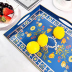 Boho Blue Decorative Tray, Serving Tray with 4 Handles, Plastic Tray for Coffee Table, Ottoman - Ideal for Living Room & Bathroom. 15” x 11” x 1.9”