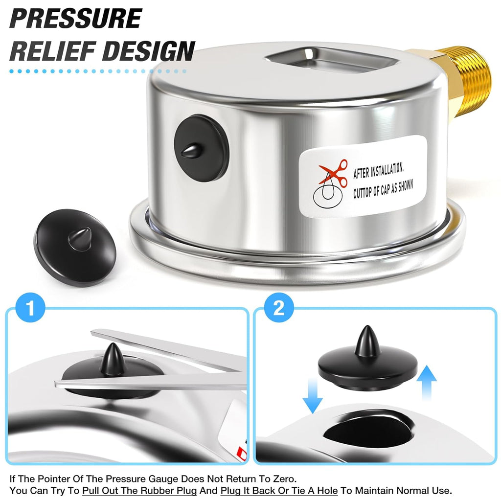 MEANLIN MEASURE -30inHG~0Psi Vacuum Gauge Stainless Steel 1/4" NPT 2" FACE DIAL Waterproof for Air Compressor HVAC Negative Pressure Hand Pump Pool Lower Mount, with 1/2" NPT and 3/8" NPT Hex Bushing