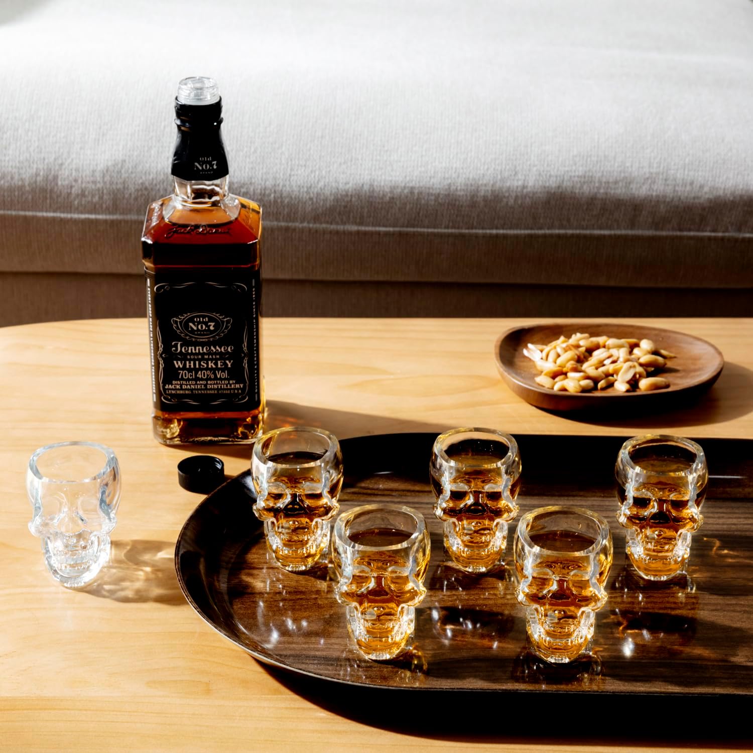 MyGift Set of 6 Skull Shot Glasses – 2.8 oz Clear Glass Novelty Drinkware for Halloween Parties, Cocktail Bars & Home Decor – Spooky 3D Skull Design