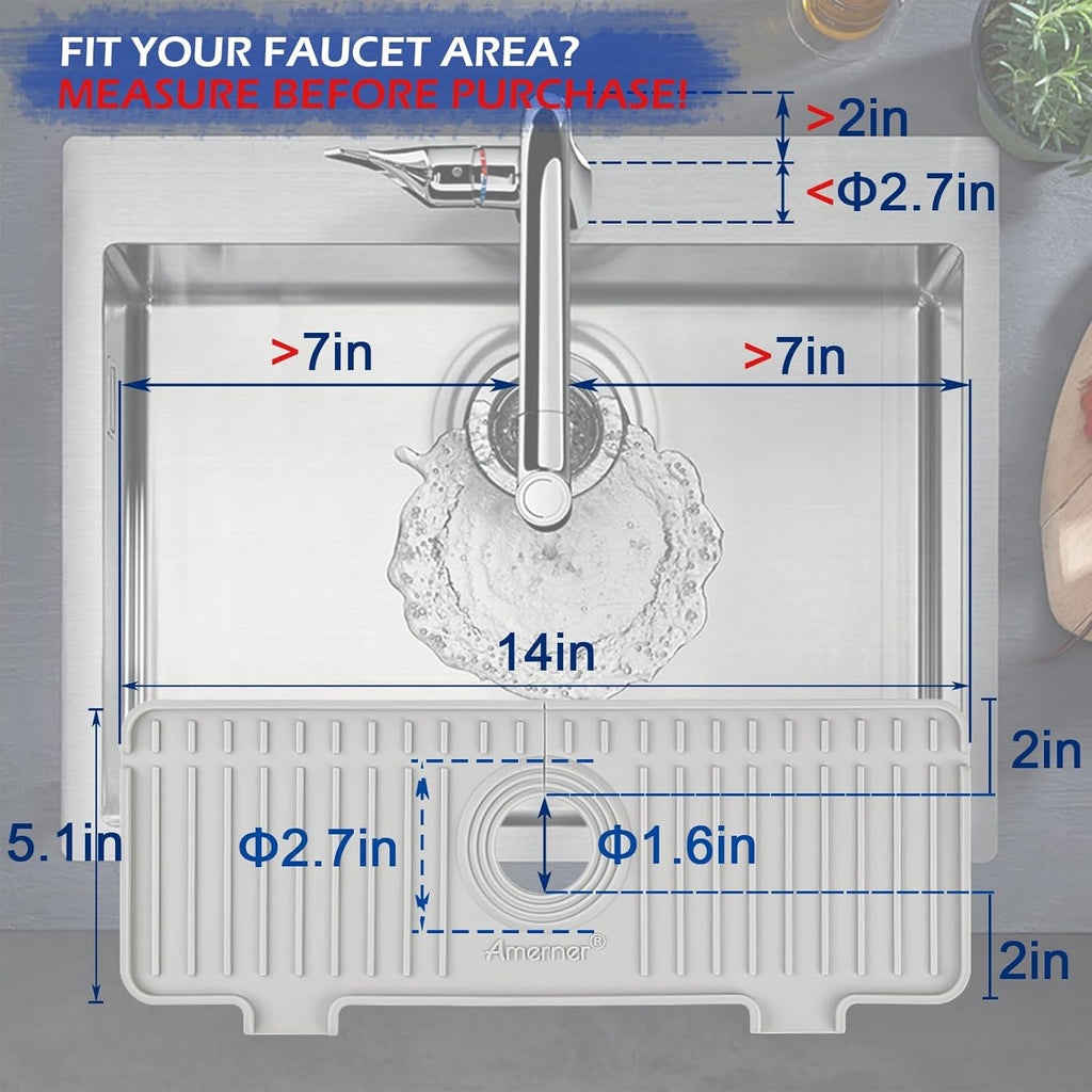 Kitchen Sink Splash Guard, Silicone Faucet Guard & Draining Mat, Bathroom and Kitchen Sink Organizer, Sink Faucet Mat Water Splash Guard Behind Faucet Accessories Gadgets, 14.2” x 5.1”, White