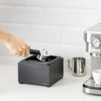 Navaris Coffee Knock Box - Stainless Steel and Wood Bin for Espresso Machine Grounds - With Silicone Bar for Knocking Portafilter Filter Grinds - Black/Black