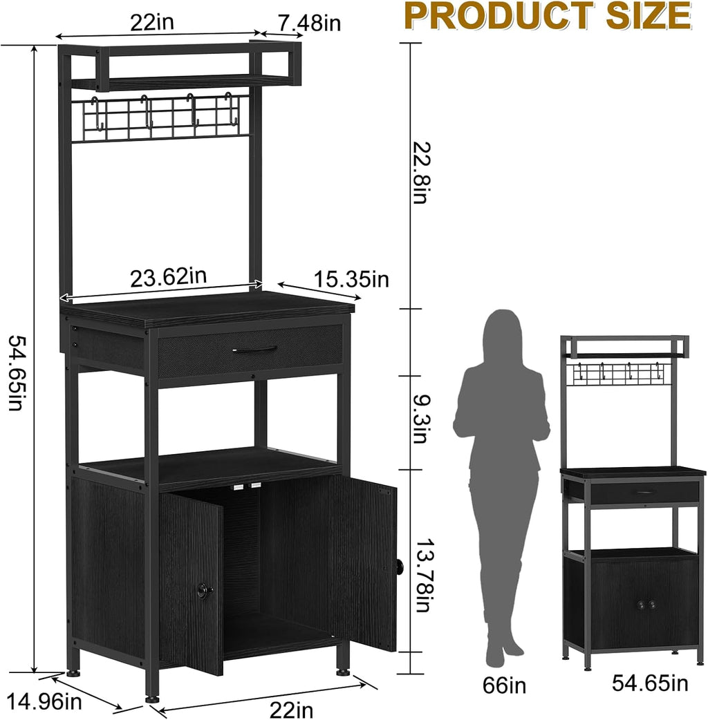 5-Tier Coffee Bar Cabinet & Microwave Stand with Storage, 2 Doors, 4 S-Hooks Kitchen Appliance Bakers Rack for Spices, Pots,Coffee Station for Small Spaces,Living Room,Entryway,Black