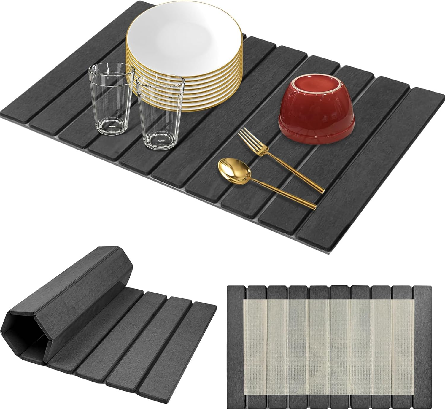 Large Diatomaceous Stone Drying Mat for Kitchen Counter, Quick Dry Collapsible Drying Mat , Absorbent Bath Mat for Kitchen Dishes Cups Bottles Bathroom Any Countertop, 24 In x 16 In, Dark Gray