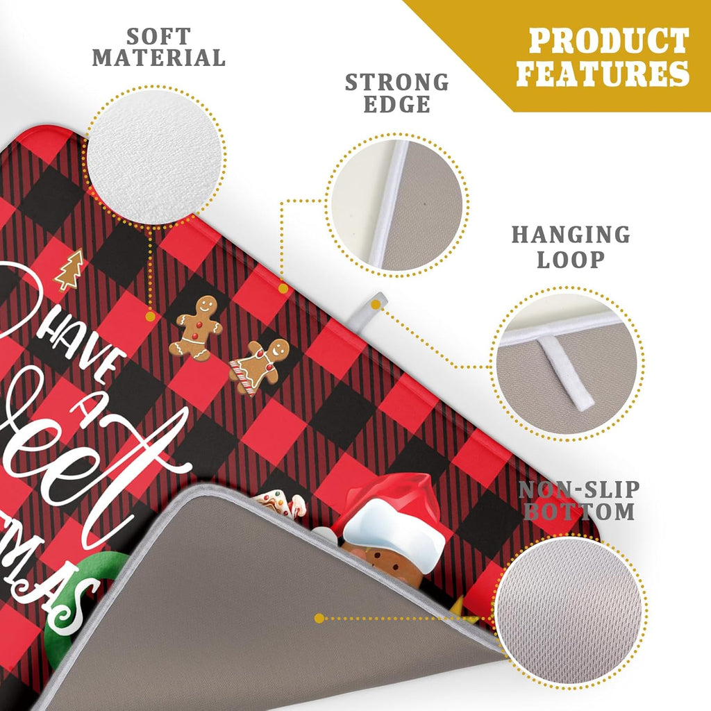 Giwawa Gingerbread Man Dish Drying Mat Large 18x24inch Have A Sweet Christmas Red Black Buffalo Plaids Dish Drainer Mats Winter Hot Cocoa Cookies Fast Drying Dish Drying Pad for Kitchen Counter