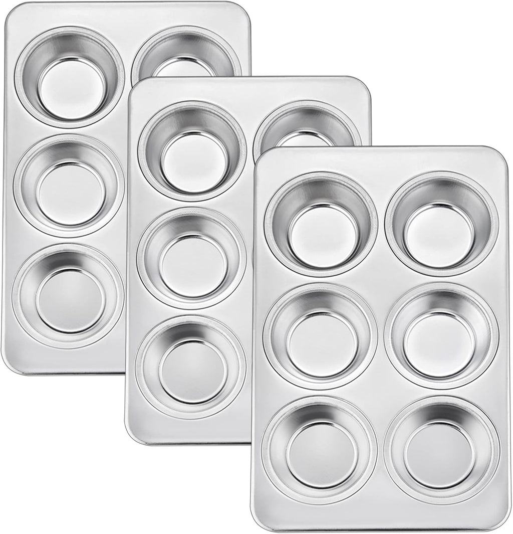 TeamFar Muffin Pan, 6 Cup Muffin Baking Tins Pans, Cupcake Pan Tray Set Stainless Steel for Baking Cakes Cornbread Tarts and More, Healthy & Non Toxic, Oven & Dishwasher Safe - Set of 3