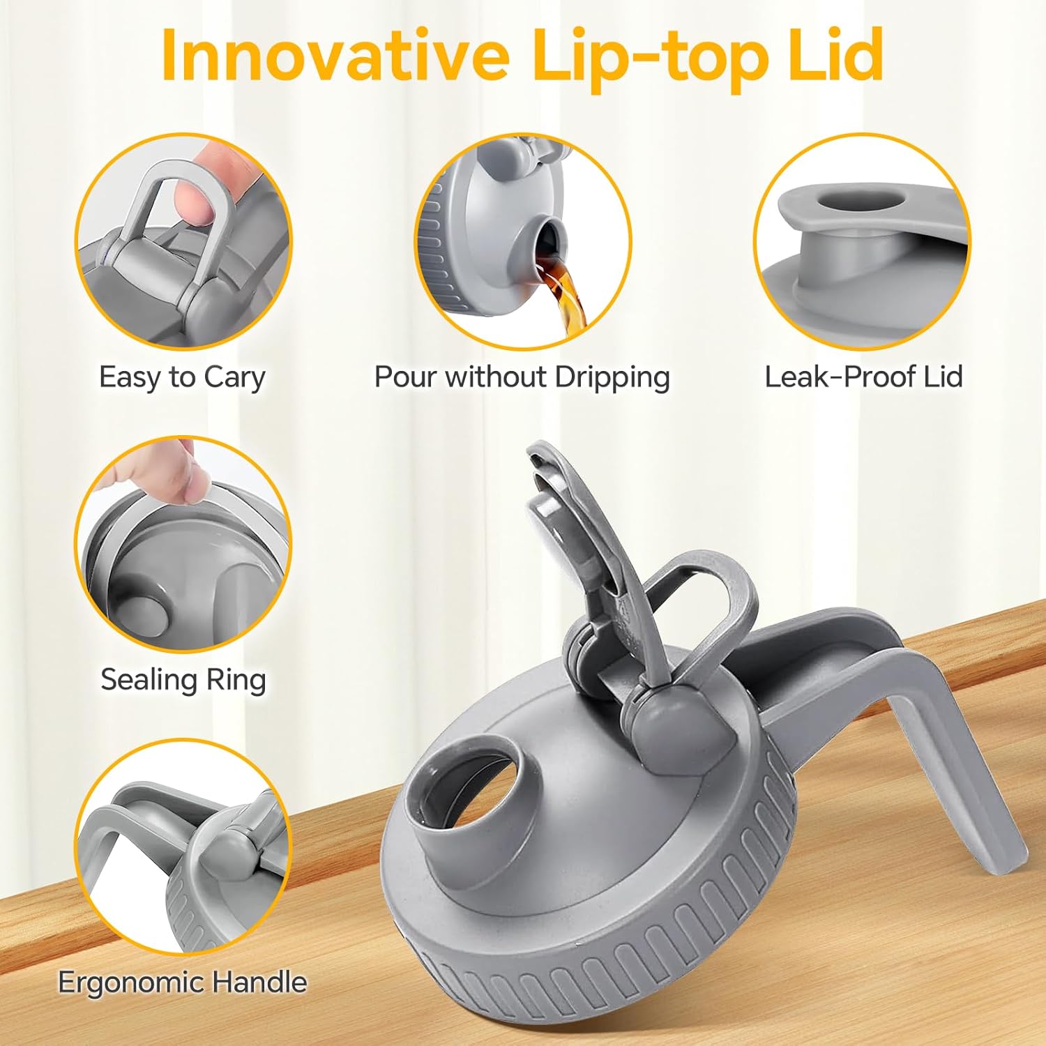 Mason Jar Pitcher, 32 OZ Glass Pitcher with Lid Double Leak-proof with Handle Water Jug Wide Mouth Breast Milk Pitcher Fridge Container for Water, Juice, Iced Coffee, Tea, Juice - Grey