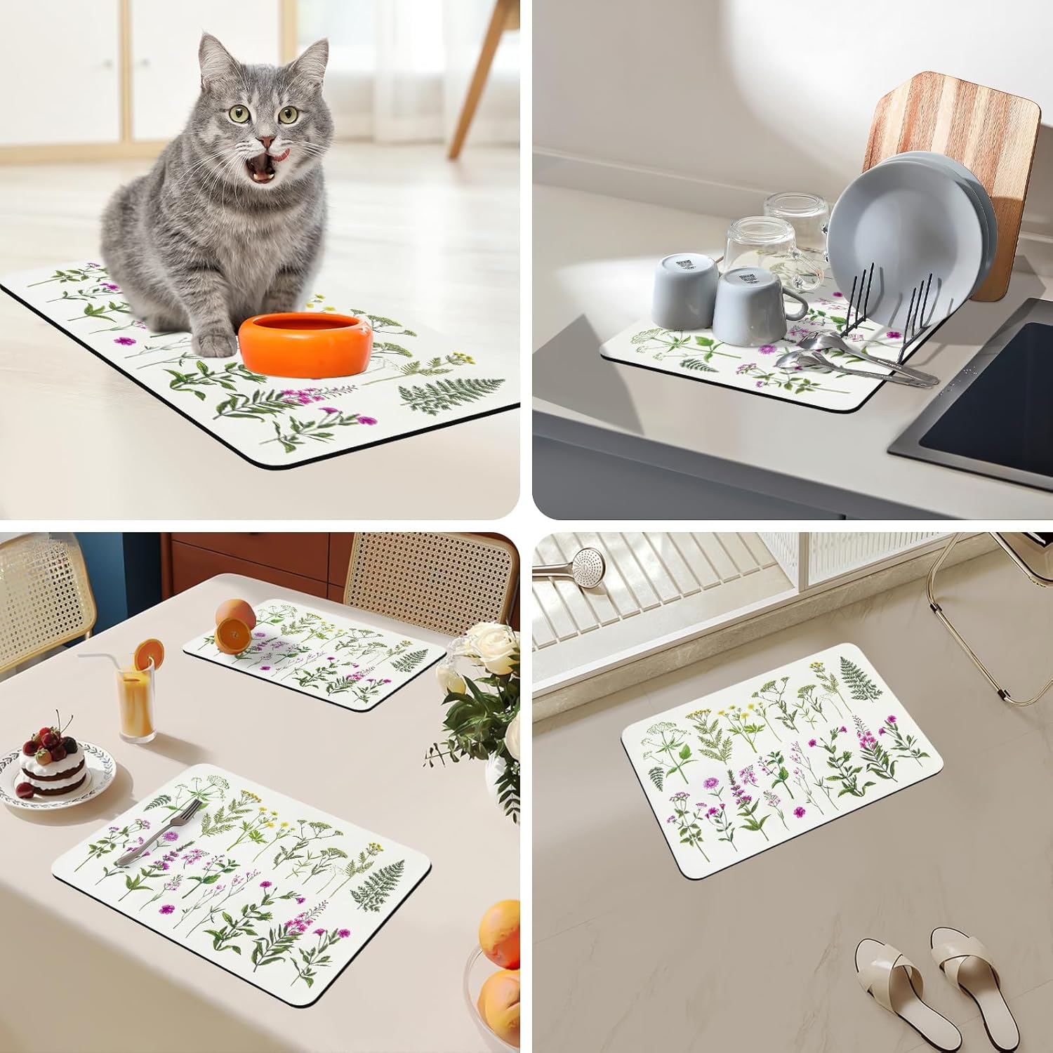 Bloss Kitchen Mat, Coffee Mat 12"x19", Coffee Bar/Maker Mat, Kitchen Counter Mats, Absorbent Hide Stain Rubber Backed Dish Drying Pad(, Flowers and Leaves)