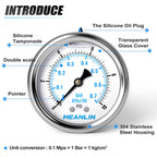 MEANLIN MEASURE 0~10Psi Stainless Steel 1/4" NPT 2.5" FACE DIAL Liquid Filled Pressure Gauge WOG Water Oil Air Center Back Mount, with 1/2" NPT and 3/8" NPT Hex Bushing