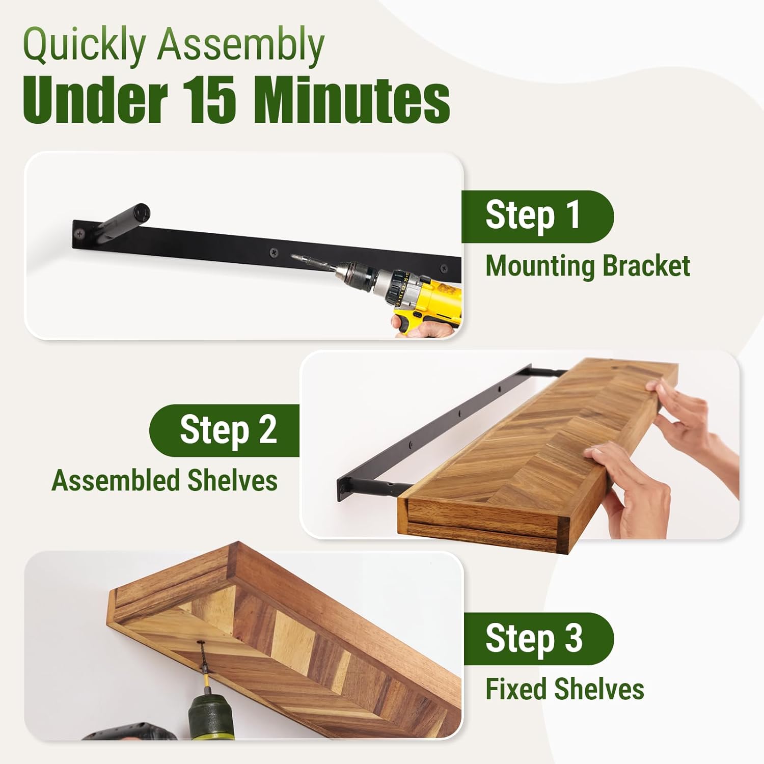 24" Acacia Chevron Floating Shelves Set of 2 - Wall Mounted Wooden Shelf for Stylish Home Décor - Natural Color - 24x6.7x1.5 Inches