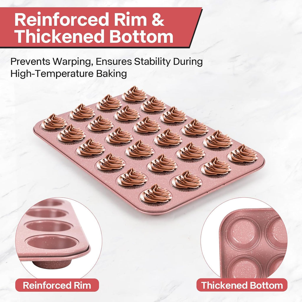 Spmart 2-Pack 24-Cup Nonstick Ceramic-Coated Mini Muffin Pan | Durable & Easy Clean Muffin Tins | Perfect for Small Baked Goods & Party Treats (Pink)