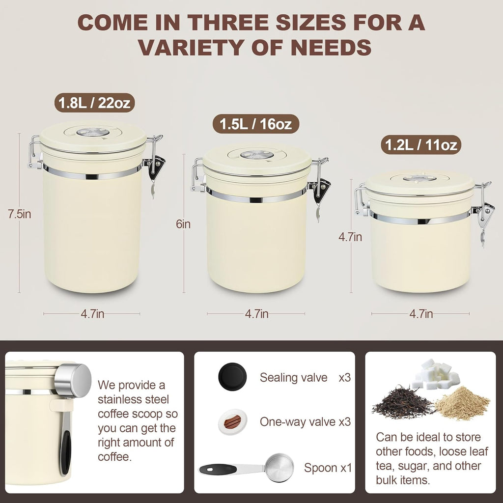 ShanSon Coffee Canister Airtight Coffee Container Stainless Steel Coffee Bean Storage Container with Scoop Coffee Canister for Beans Grounds Sugar Flour Tea Cereal,22OZ,Beige