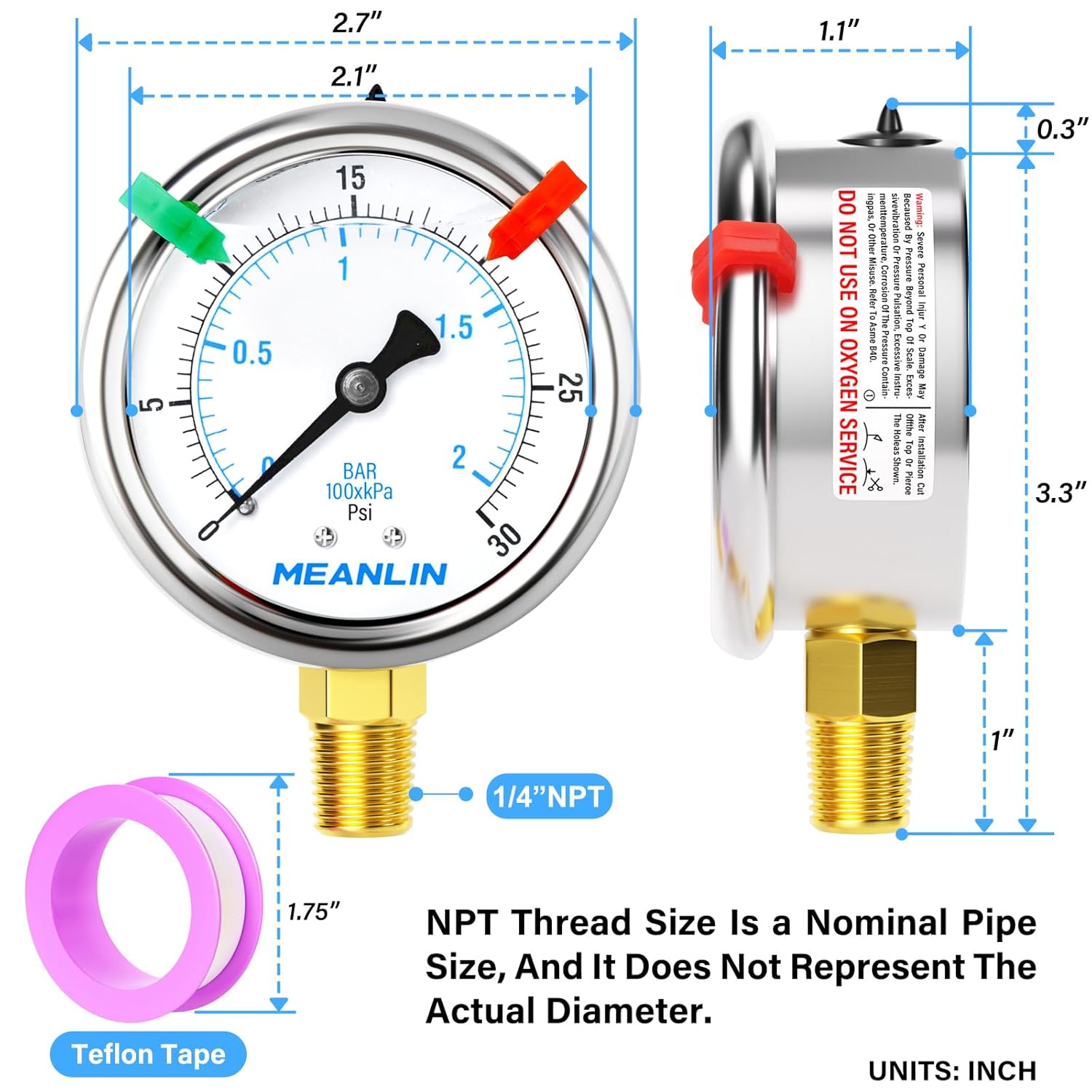 MEANLIN MEASURE 0~30Psi Liquid Filled Pressure Gauge 1/4" NPT 2.5" FACE DIAL Stainless Steel Glycerin Filled WOG Water Oil Air Lower Mount (with 2PCS Snaps)