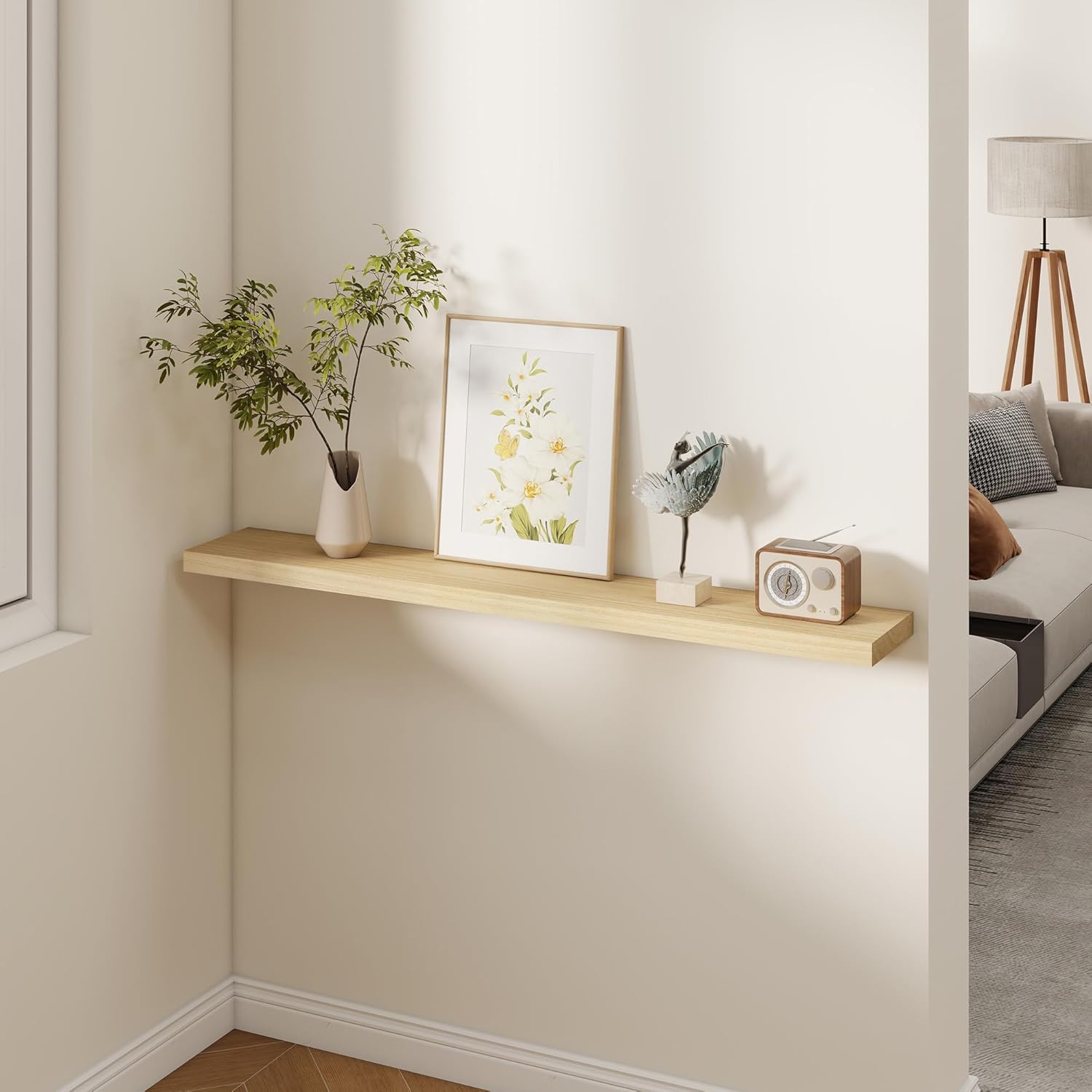 Fun Memories Rustic Real Wood Floating Shelves, 8 Inch Deep Floating Shelf Wall Mounted, 48" W x 8" D Wall Shelves Storage Shelves for Living Room, Bedroom, Bathroom, Burlywood, Set of 1