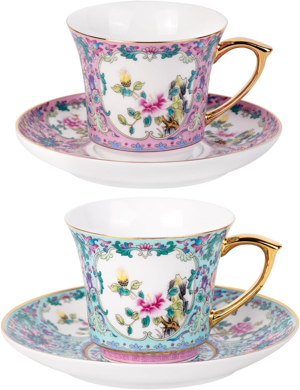 KAMMAK Tea Cups and Saucers Set of 2, Porcelain Coffee Cups with Saucer for Espresso, Cappuccino, 8oz Vintage Pink and Blue Ceramic Demitasse Mug for Home, Tea Party, Office