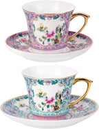 KAMMAK Tea Cups and Saucers Set of 2, Porcelain Coffee Cups with Saucer for Espresso, Cappuccino, 8oz Vintage Pink and Blue Ceramic Demitasse Mug for Home, Tea Party, Office