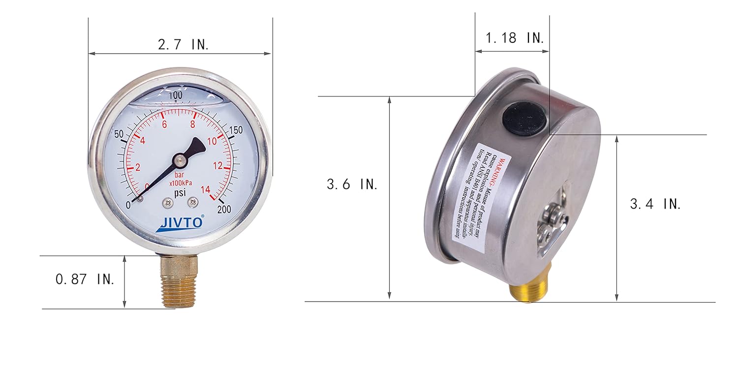 Pressure Gauge,Glycerin Liquid Filled,2.5" Dia,0-200 psi(Single Scale),1/4" NPT Brass Connection,Lower Mount, Stainless Steel Case,for Pneumatic,Pump,Hose,Well Tank,Gas Air Water Oil