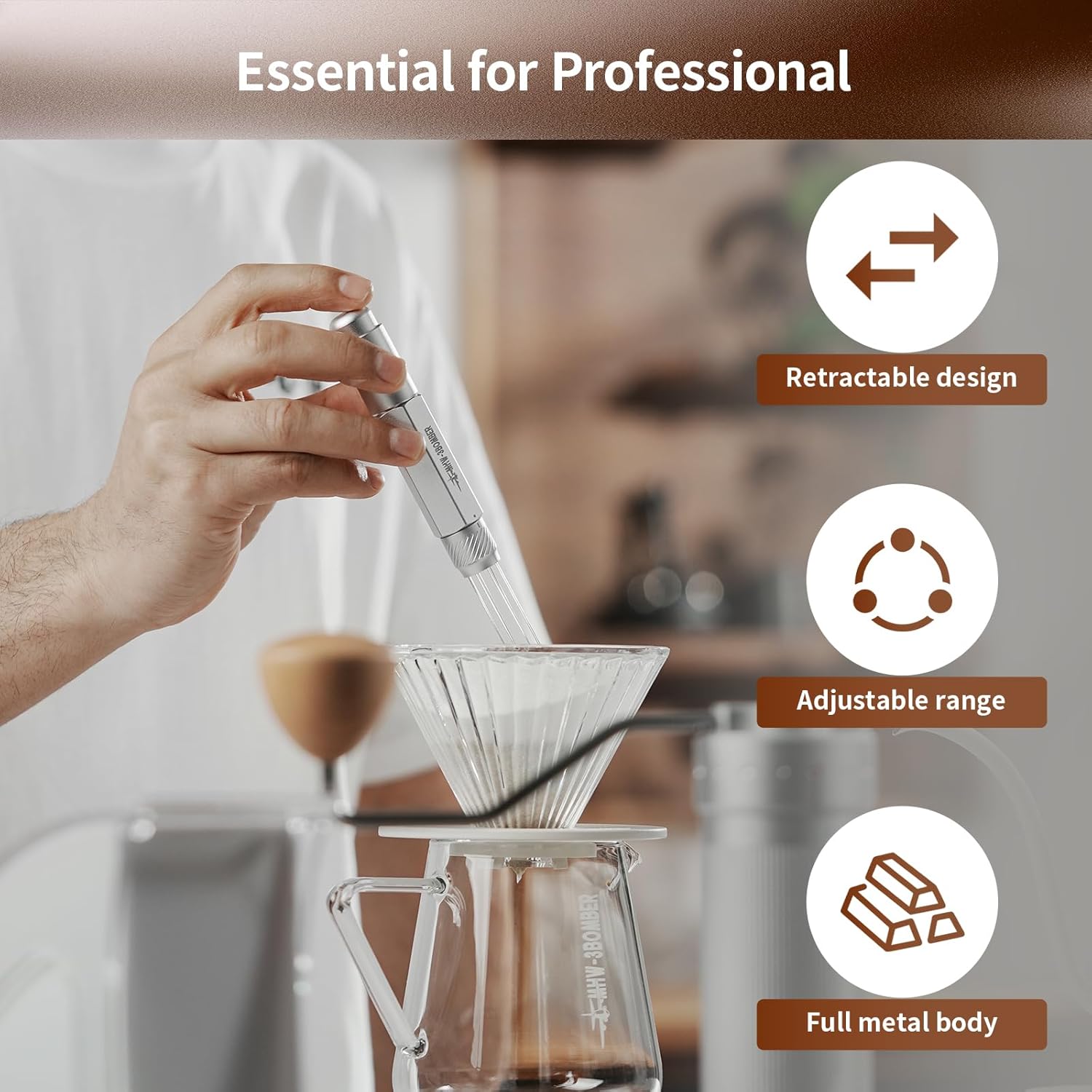 MHW-3BOMBER Retractable WDT Tool Espresso Distribution Tool with Magnetic Store, Adjustable Range Coffee Stirrer Tool for Barista, 0.4mm 8 Stainless Steel Needles with 8 Extra, Black, T6188B-OS