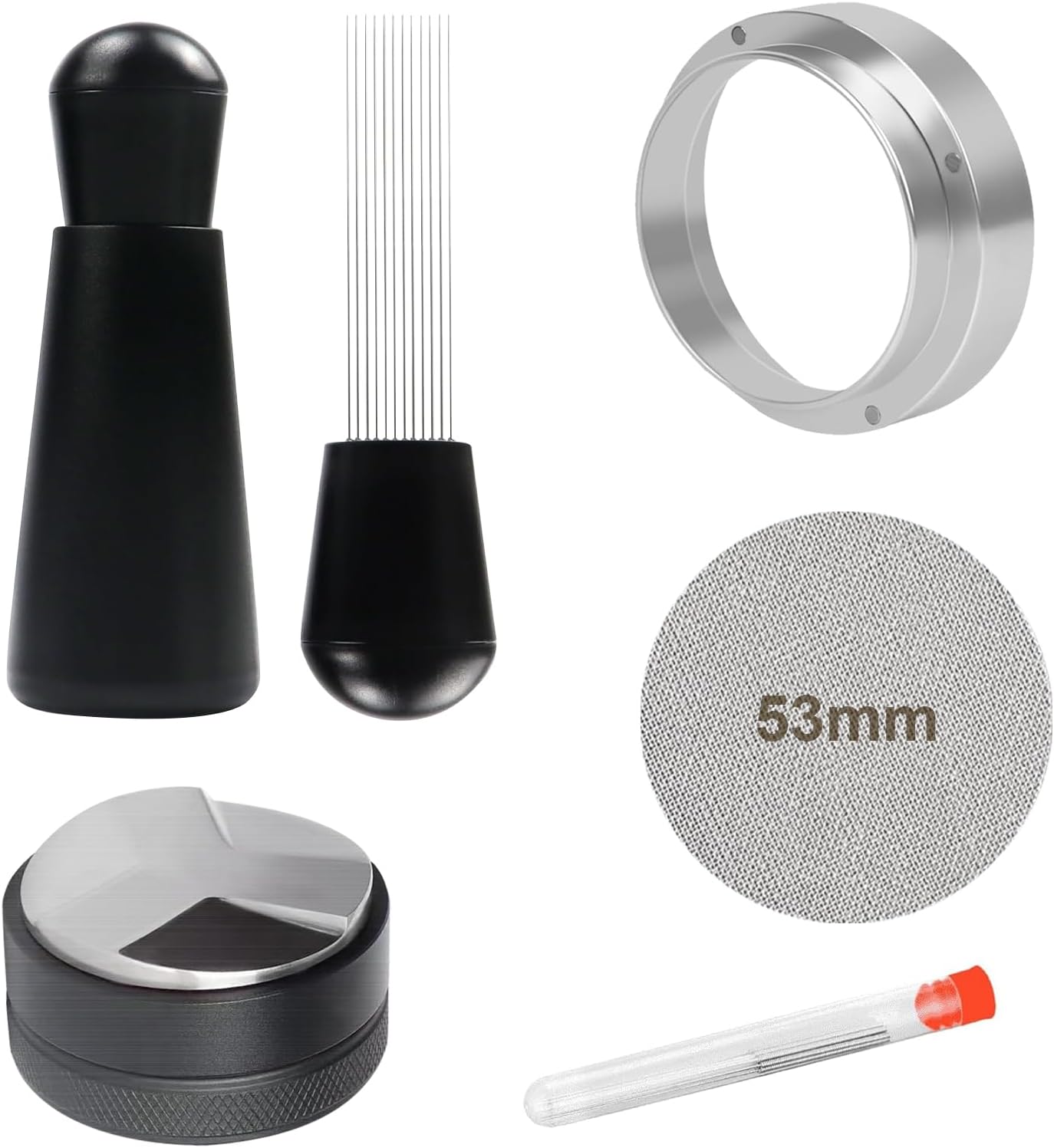53mm Espresso Accessories,Wdt Tool espresso,Dosing Funnel And Coffee Puck Screen,Coffee Distributor,barista kit,0.4mm Stainless Steel 12pin Espresso Stirrer,With Additional 12 Replacement needles