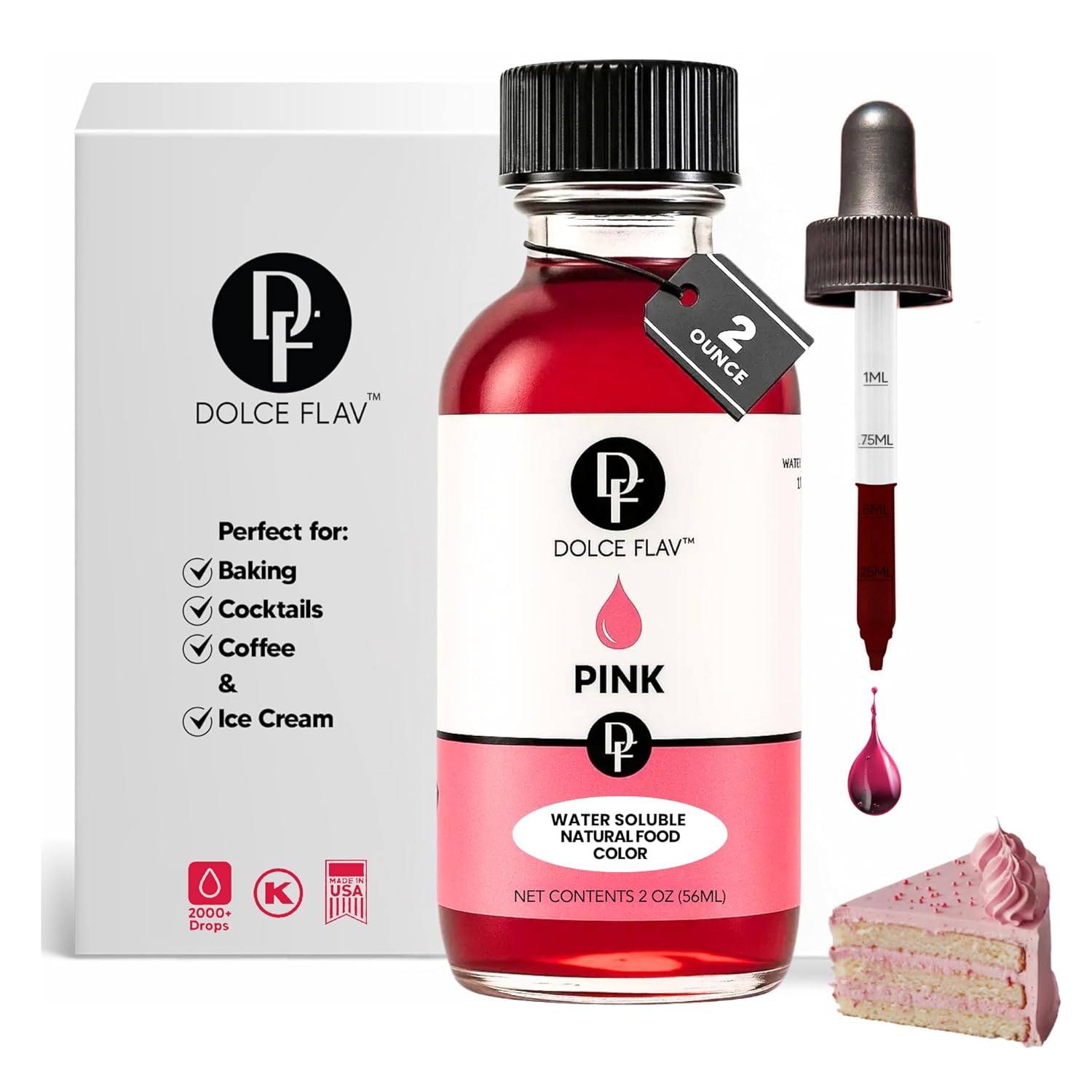Dolce Flav Natural Pink Food Coloring – 2 oz Plant-Based Color from Beetroot with Graduated Dropper | Water-Soluble Liquid Dye for Baking, Frostings & Drinks | Kosher | Made in USA