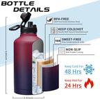 64OZ Vacuum Insulated Water Bottle - Keep Hot Cold Vacuum Flasks with Straw & Spout Lids, Paracord Handle, Water Bottler Carrier Holder & Protective Cup Mat, 1.8L Stainless Steel Water Jug