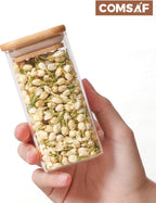 ComSaf 16Pcs Glass Spice Jars with Bamboo Lid, 10oz Airtight Square Containers with 275 Black Lables, Empty Seasoning Jars for Spice Salt Sugar