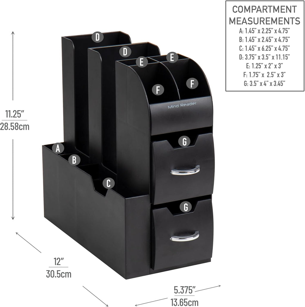 Mind Reader Cup and Condiment Station, Countertop Organizer, Coffee Bar, Kitchen, Stirrers, 5.35"W x 11.25"L x 11.15"H, Black