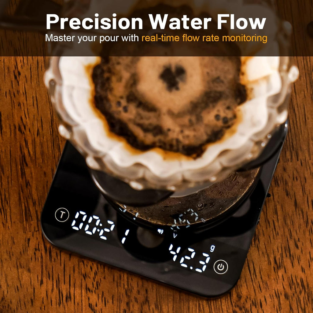 KitchenTour CaféMetric Coffee Scale with Timer 0.1g/2000g - Precision Scale for Espresso & Pour Over - Water Flow Speed Mode and Coffee Powder-to-Liquid Ratio Mode - Rechargeable, LCD Display-Black