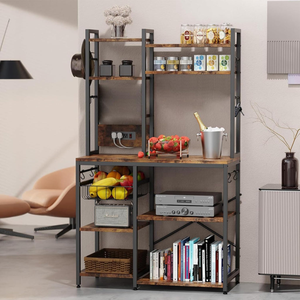 Standing Kitchen Baker’s Rack, Bakers Rack with Power Outlet, 6-Tier Microwave Stand, Coffee Bar with 12 S-Shaped Hooks, Kitchen Shelf with Storage, Coffee Bar Station, for Rustic Brown
