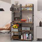 Standing Kitchen Baker’s Rack, Bakers Rack with Power Outlet, 6-Tier Microwave Stand, Coffee Bar with 12 S-Shaped Hooks, Kitchen Shelf with Storage, Coffee Bar Station, for Rustic Brown