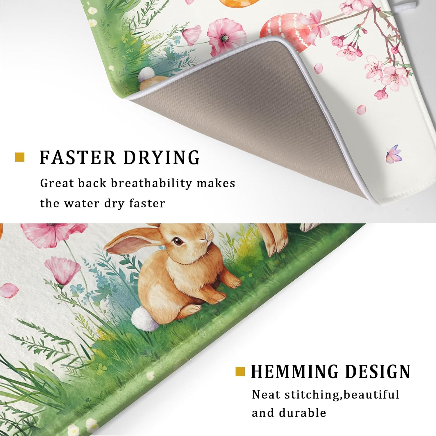 Giwawa Easter Bunny Dish Drying Mat, Spring Rabbits Eggs Hunt Dish Drainer Mats for Kitchen Countertop, Watercolor Floral Absorbent Reversible Dish Drying Pad Decor, 18x24inches, Large