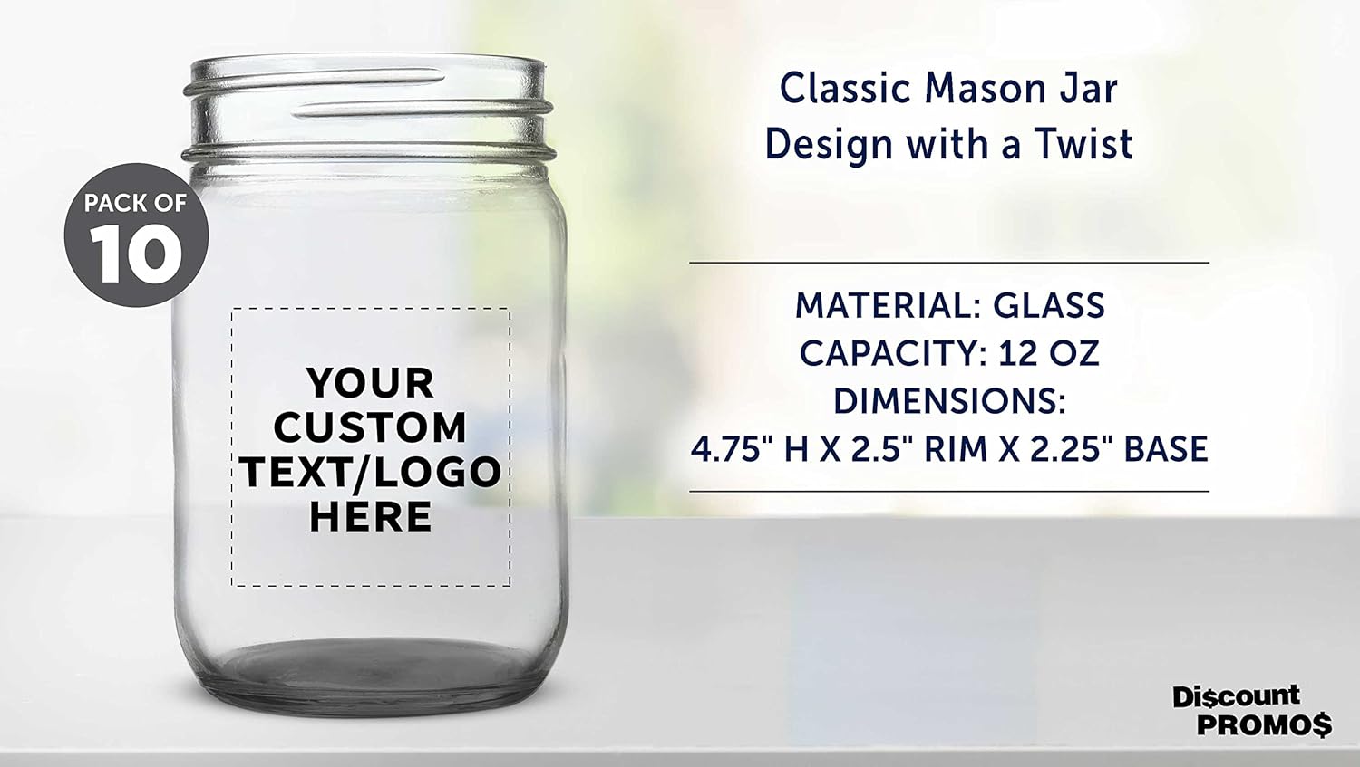 DISCOUNT PROMOS Custom Decorating Mason Jars 12 oz. Set of 10, Personalized Bulk Pack - Glass Jars for Overnight Oats, Candies, Fruits, Pickles, Spices, Beverages - Black