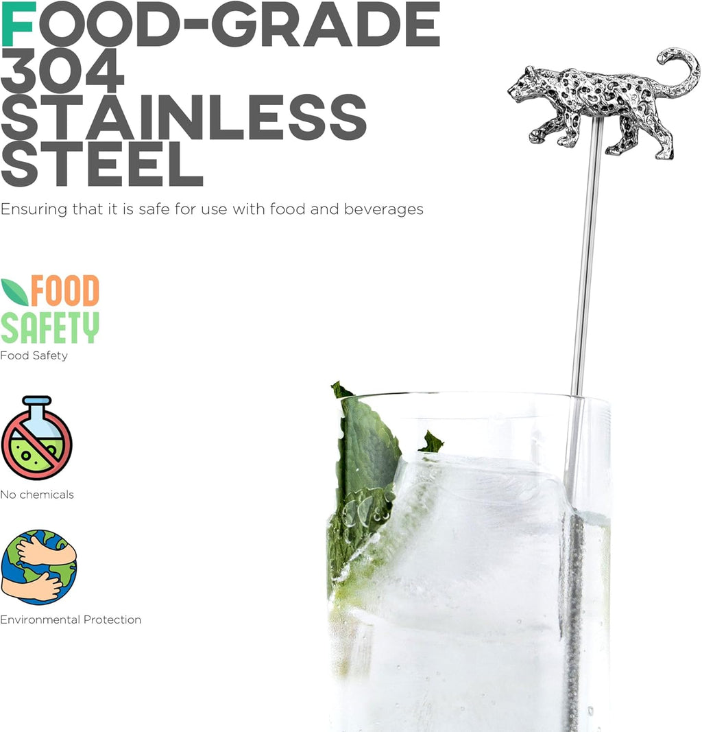 Homestia Swizzle Stick, Stainless Steel Coffee Stirrers, 7.5" Reusable Cocktail Picks Drink Swizzle Stir Sticks, 6PCS Reusable Coffee Beverage Drink Swizzle Stick Tools with Animal Design