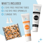 Sweets Indeed Dye-Free Halloween Frosting & Sprinkles Set – 8.22 oz | 2 Frosting Tubes (Orange & Black) + 2 Decorating Tips + 2 oz Sprinkle Mix (Black, Orange & White) | No Artificial Dyes Cupcake & Cookie Decorating Kit