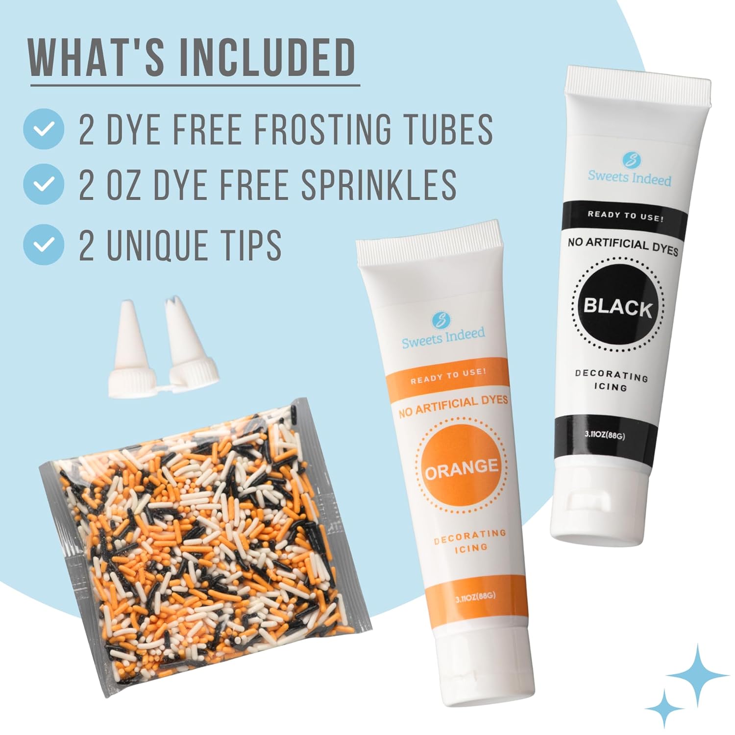 Sweets Indeed Dye-Free Halloween Frosting & Sprinkles Set – 8.22 oz | 2 Frosting Tubes (Orange & Black) + 2 Decorating Tips + 2 oz Sprinkle Mix (Black, Orange & White) | No Artificial Dyes Cupcake & Cookie Decorating Kit