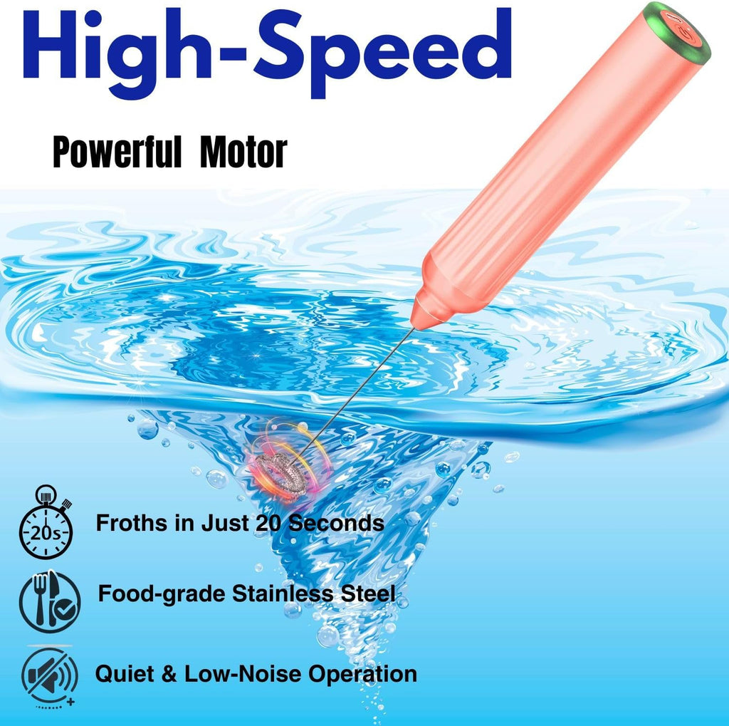 Milk Frother Handheld with 3 Stainless Steel Whisks, Rechargeable Electric Drink Mixer with Stand & Travel Case, Milk Foamer for Coffee, Latte, Cappuccino, Hot Chocolate, Egg,Jam Supplement-Pink