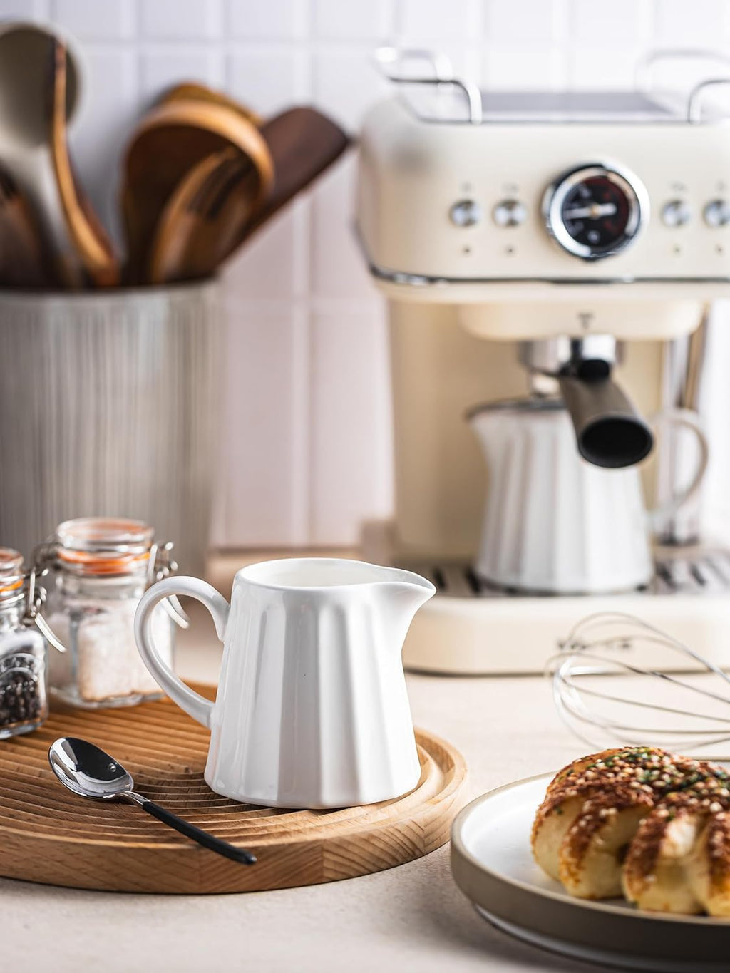 Ceramic Creamer Pitcher,Creamer Container with Handle, 10 OZ Small Milk Pitcher Milk Cup for Coffee, Sauces, Salad, White