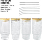 4 Pcs 11 oz Drinking Glasses Cups Set with Bamboo Lids Straws Brush Small Glassware Set for Mojito Iced Coffee Cocktail Whiskey(4 Mixed Pattern)