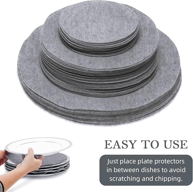 96 Pack Felt Plate Dividers Protectors, Thick Felt Round Plate Separators Pads China Dish Storage Protectors Pads with 3 Sizes for Packing Stacking Porcelain Cookware, Grey