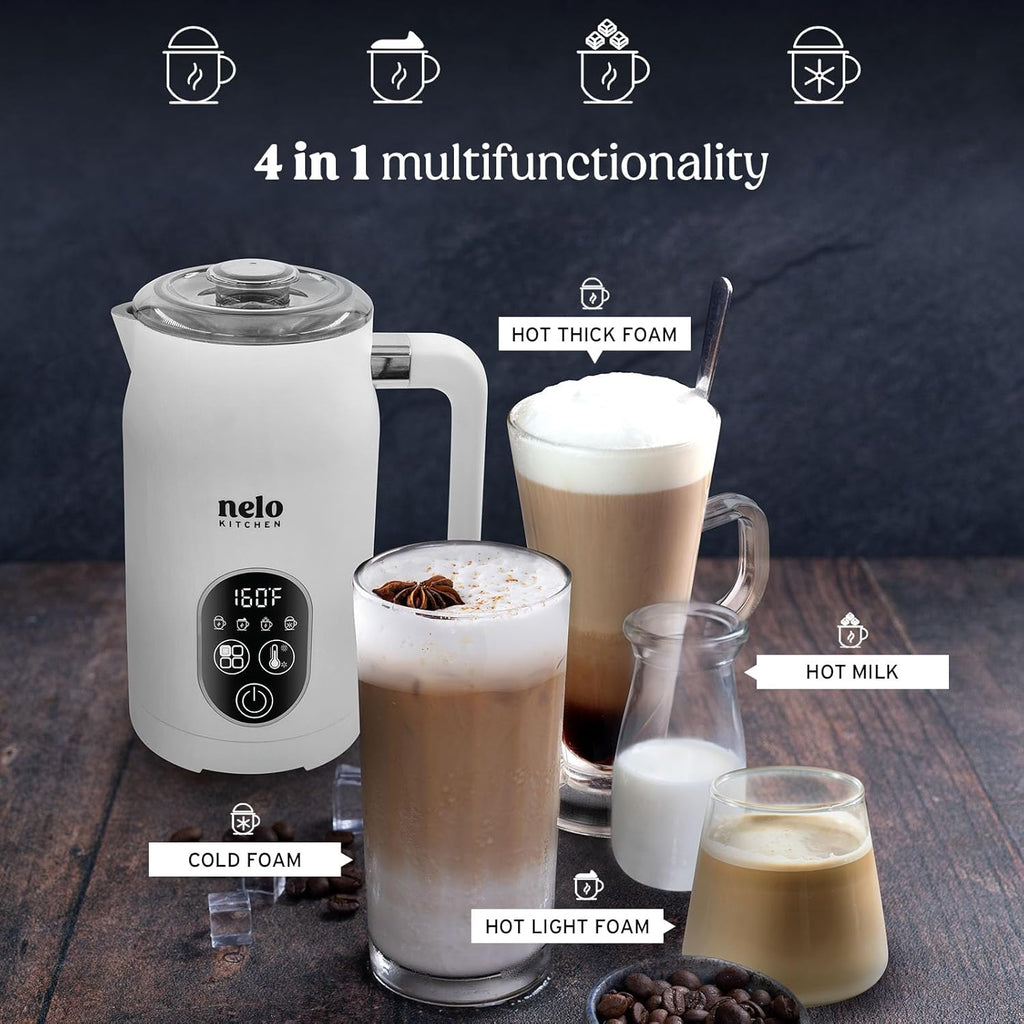 NELO Electric Milk Frother, 4 In 1 Digital Milk Frother and Steamer with Real-Time Temperature Control, Automatic Frother for Coffee, Latte, Hot Chocolate, Cappuccino, BPA Free Stainless Steel (White)