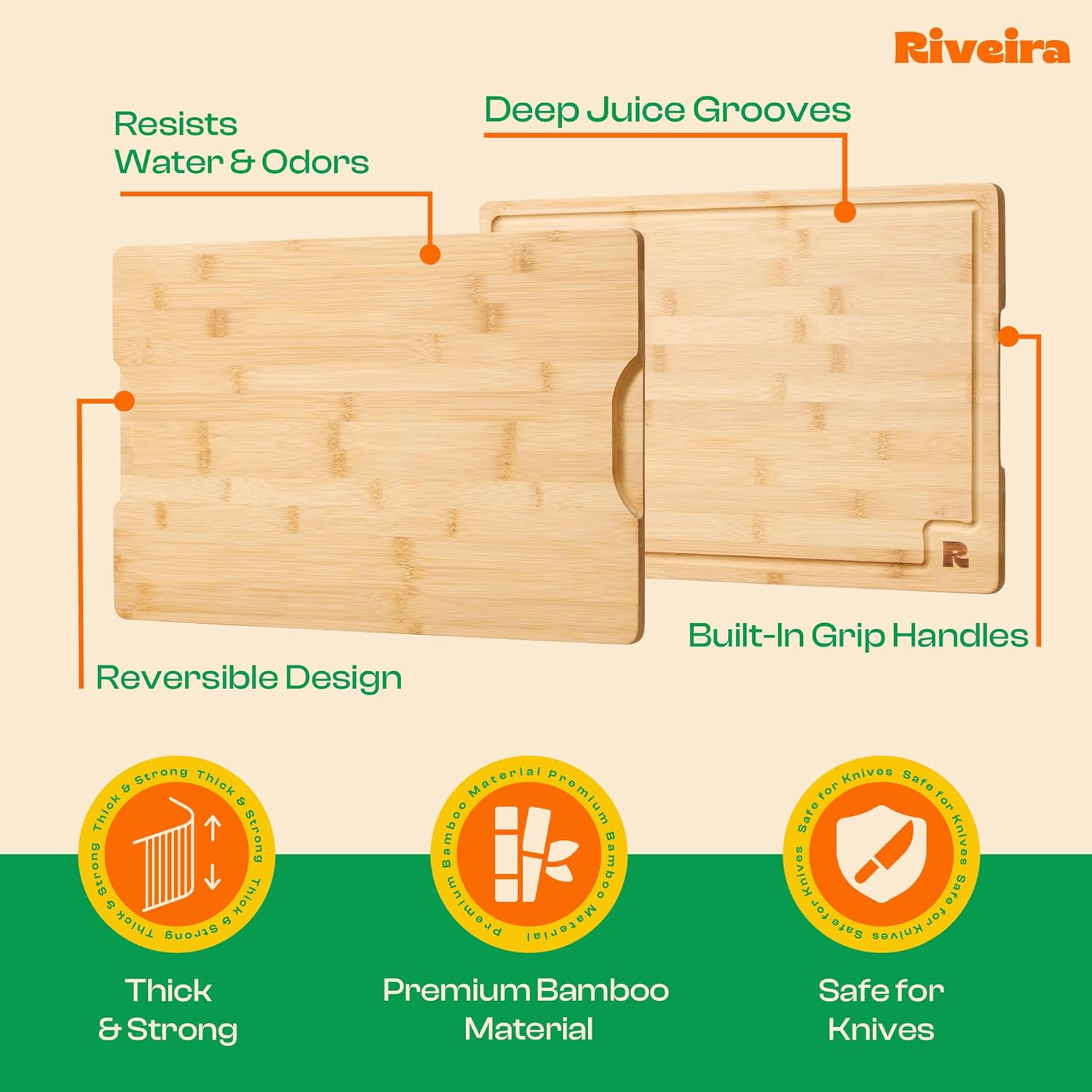 Riveira Bamboo Grandeur: 18 x 12 Bamboo Cutting Board Natural Wooden Cutting Board With Innovative Juice Grooves