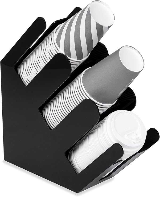 Cup and Lid Holder Stand - 3 Compartment Disposable Cup Dispenser for Countertop Storage - Slanted Paper Coffee Cup Organizer for Breakroom, Kitchen, Hotel, Bar