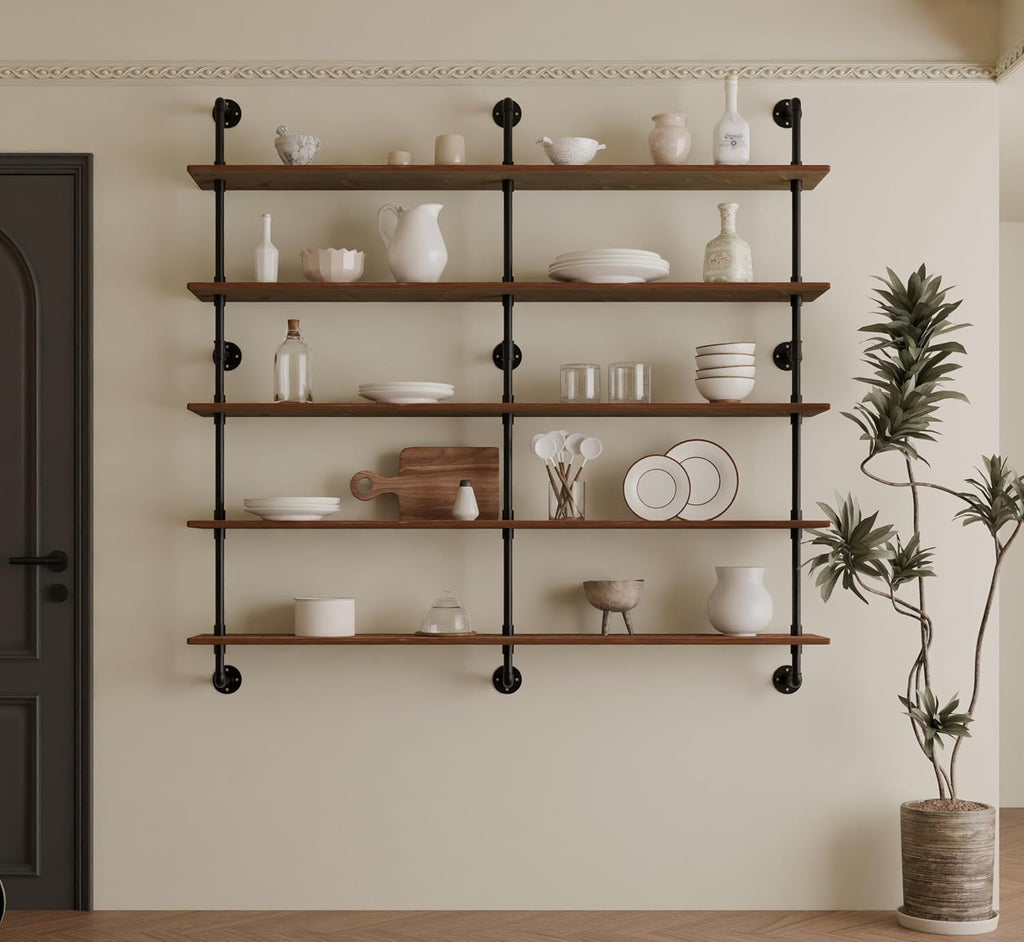 Industrial Pipe Shelf Shelving Bookcase, Wall Mounted Rustic Bookshelf 60 Inch, Floating Bookshelves for Wall,Retro Wood Metal Pipe Industrial Shelves for Living Room