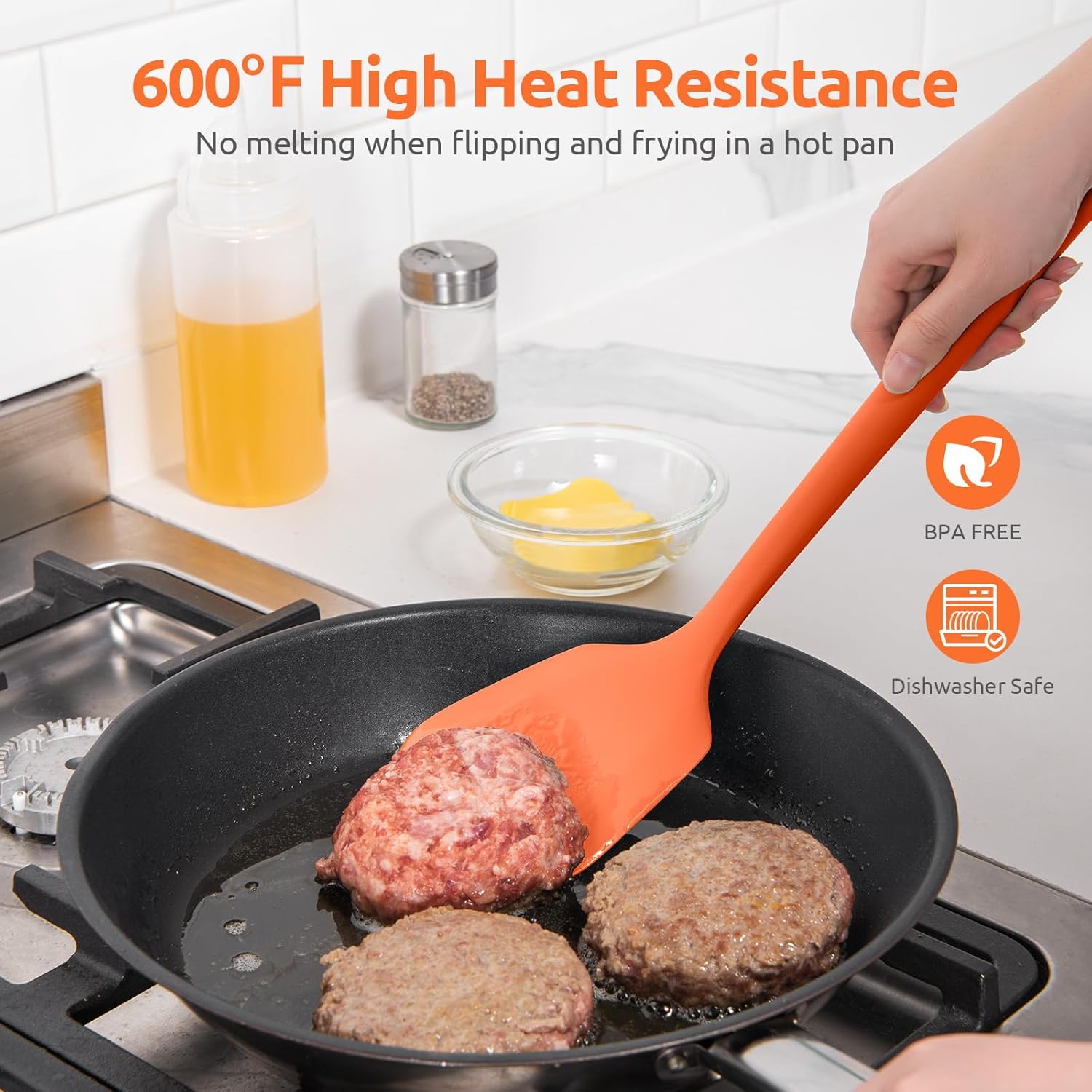 600ºF Heat Resistant Silicone Turner: U-Taste 13.6in Solid Kitchen Spatula Flipper, Food Grade Flexible & Thin Rubber Seamless Cooking Utensil for Flipping Egg, Pancake in Nonstick Cookware (Orange)
