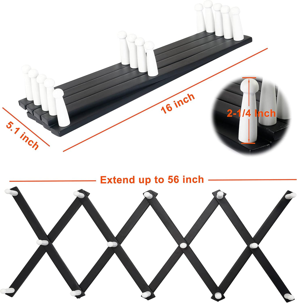 Dseap Accordian Wall Hanger: 16” High Wooden Wall Expandable Coat Rack, Hat Rack Holder, Accordion Hook for Baseball Caps, Coats, Mugs, 14 Peg Hooks, Black & White