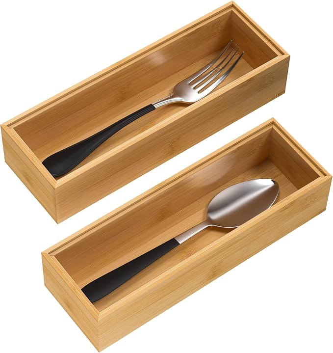 Silverware Tray for Drawer, Stackable Kitchen Bamboo Drawer Organizer 9" x 3" x 2" Set of 2