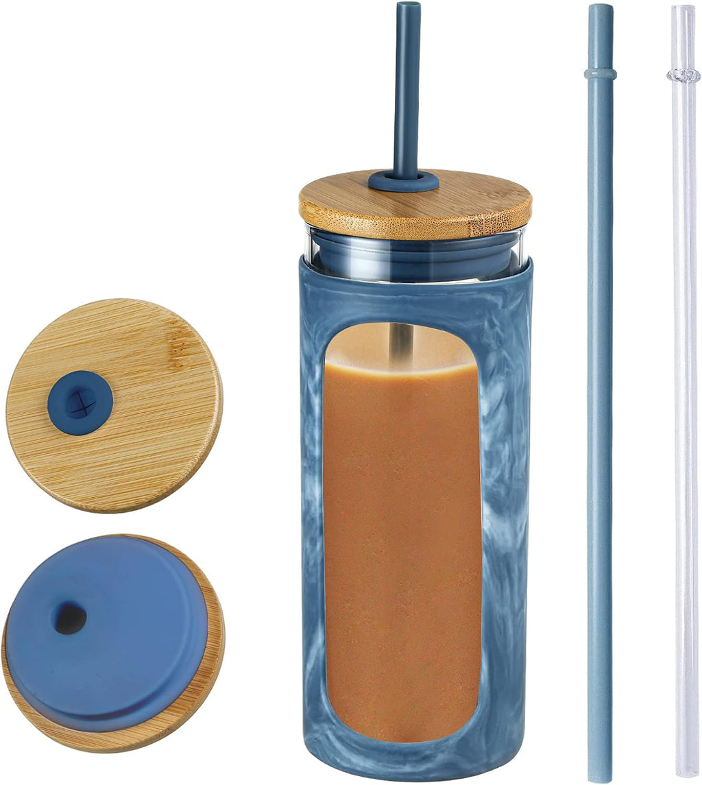 Kodrine 20oz Glass Tumbler with Straw and Lid, Iced Coffee Cups with Bamboo Lids, Glass Cups for Cold Drinks, Smoothie Cup with Silicone Sleeve for Travel, Work, BPA FREE-Blue