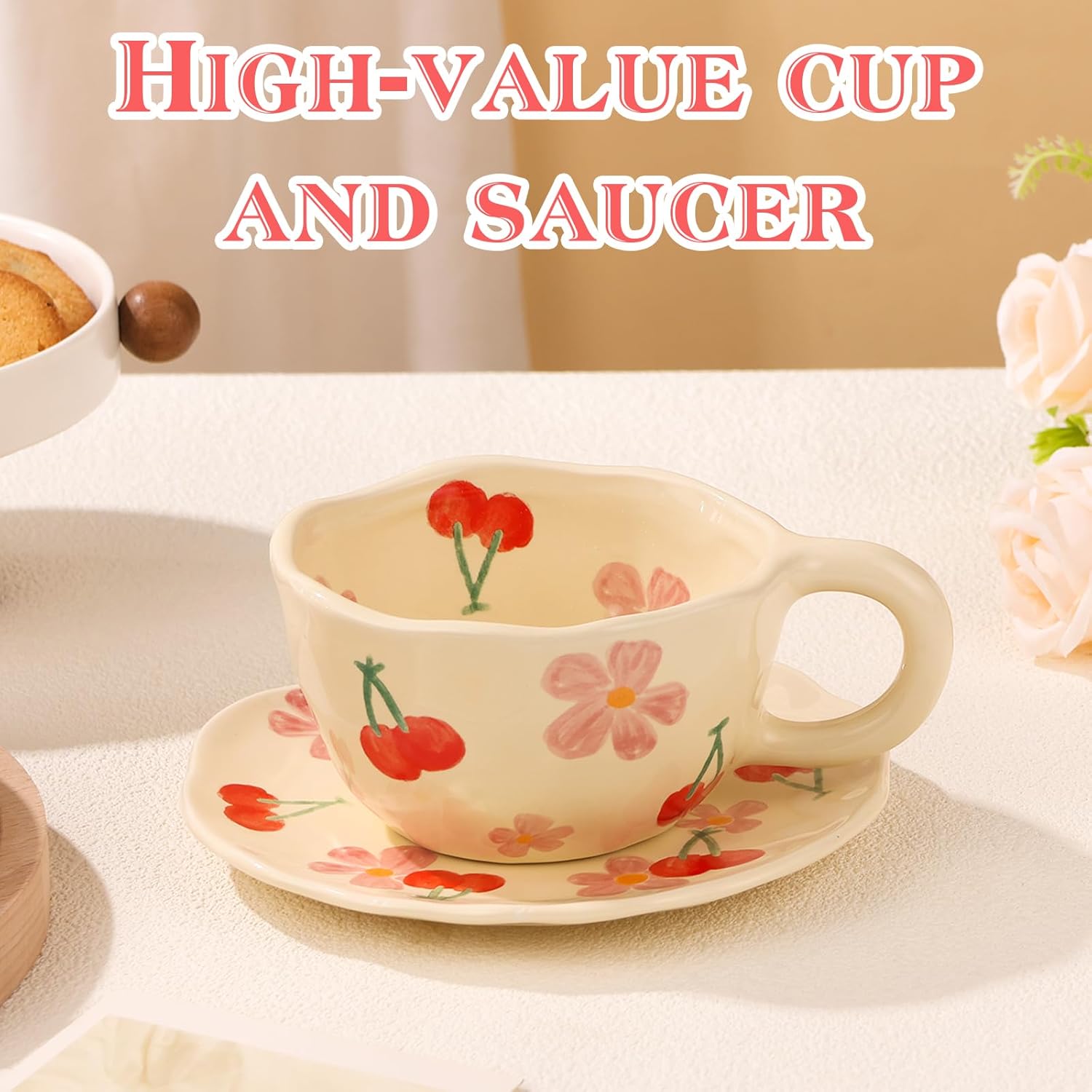 Cappuccino Cups with Saucers 8 oz Latte Art Cup Ceramics Coffee Mugs Irregular Aesthetic Flower Cups for Espresso, Double Shot, Americano, Latte, Tea - Microwave and Dishwasher Safe (Pink Cherry)