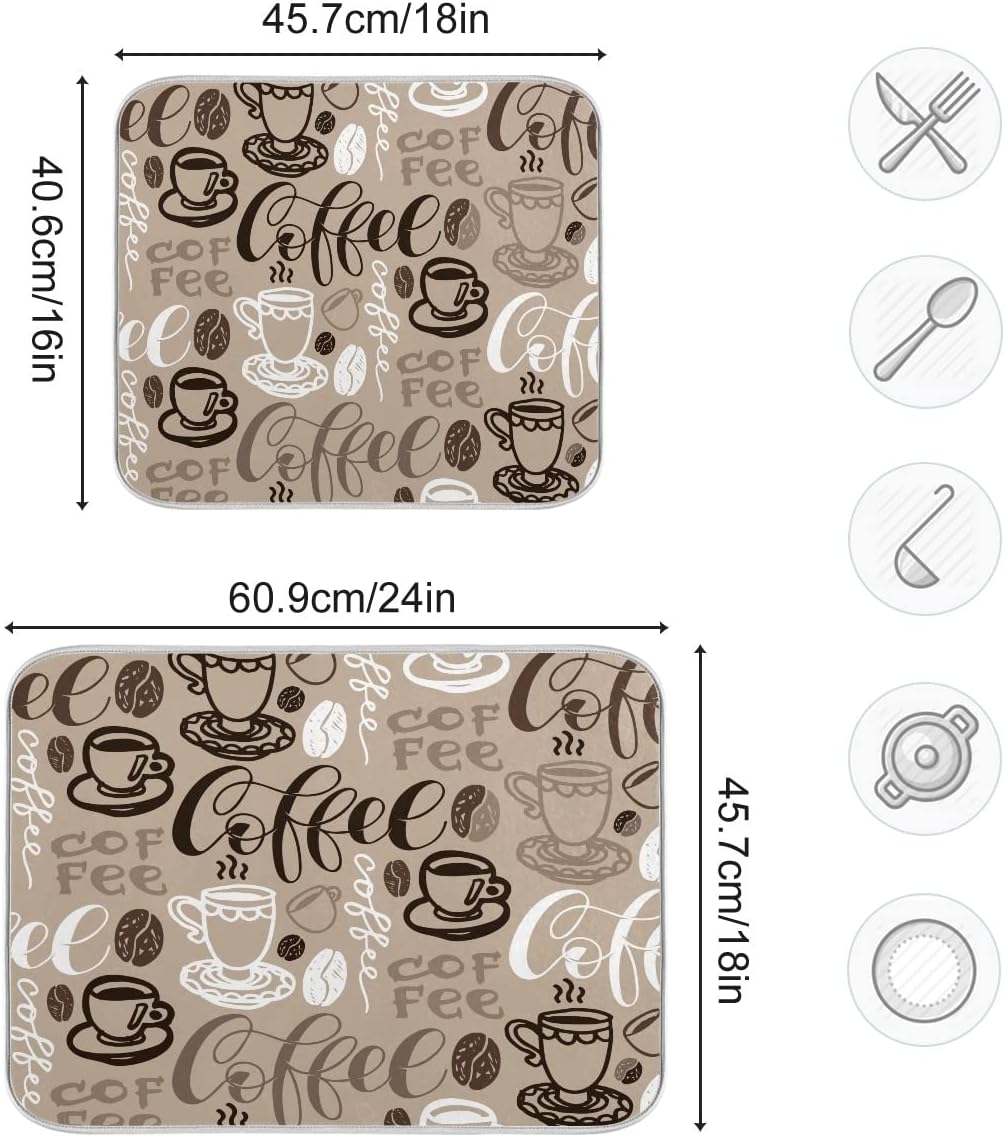 Brown Coffee Dish Drying Mat - 16 x 18 Inch Reversible Microfiber Kitchen Mat with High Absorbency